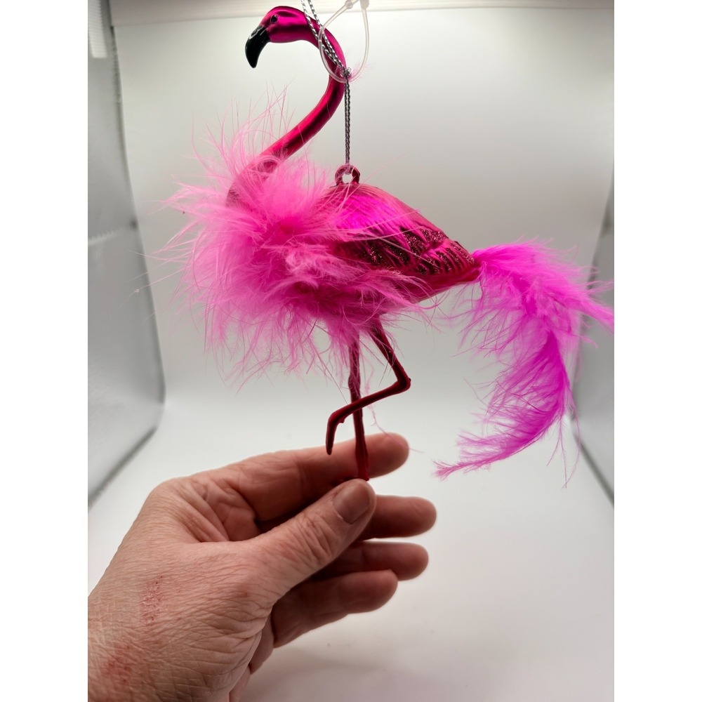 Hanging Pink Flamino Ornament, Glitter Textured Body, Fluffy Feathers
